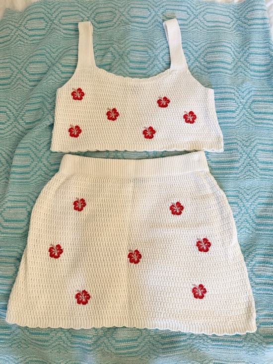 wild fable Dresses & Skirts - White Crochet Two-Piece Set with Red Floral Details 100% Cotton